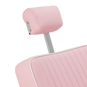 Sillón de barbero Gabbiano Visionerio con estructura cromada y tapizado rosa — detalle de la cabeza