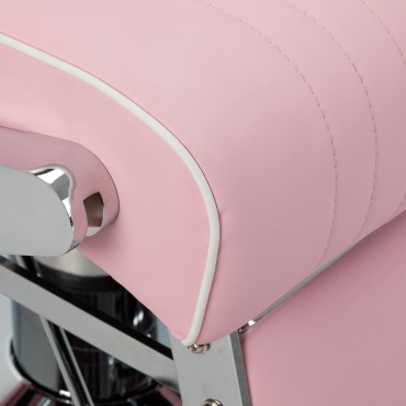 Gabbiano Visionerio barber chair pink chrome frame — close-up of the seat