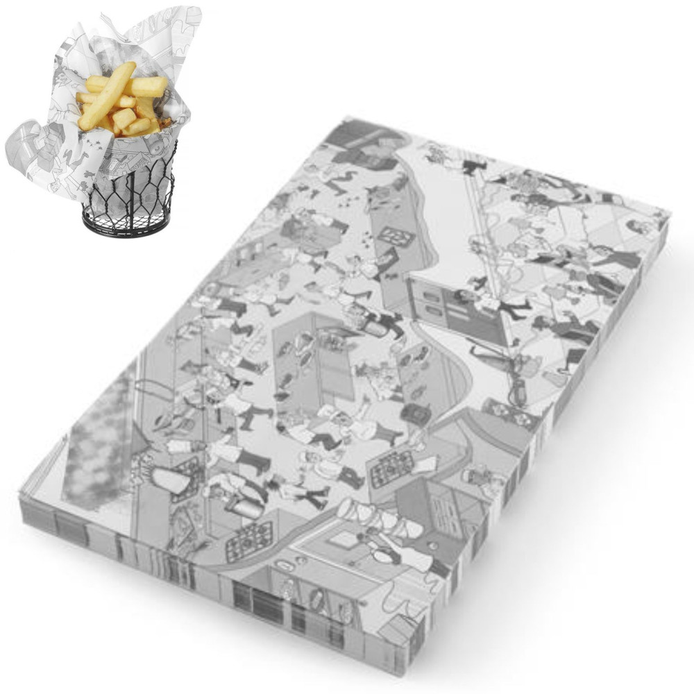 Pergamenttipaperi välipala ranskalaisille perunoille painettu keittiö 500 kpl. 258x425 mm - Hendi 678206 Pergamenttipaperi välipala ranskalaisille perunoille painettu keittiö 500 kpl. 258x425 mm - Hendi 678206