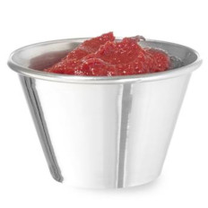 Una ciotola di piatto ramekin in salse in acciaio inox con salse. 73 mm 12 pezzi. 115 ml - Hendi 400036