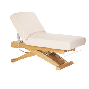 Lettino SPA Sillon Siesta crema con base in legno chiaro — vista laterale