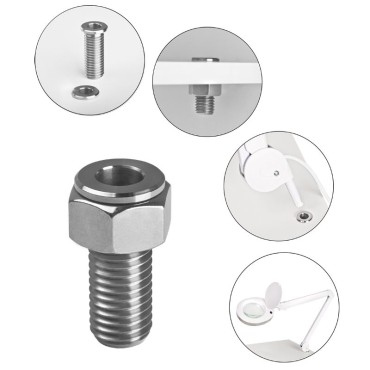 Supporto lampada lente d'ingrandimento a tubo in acciaio inox — primo piano dell'etichetta