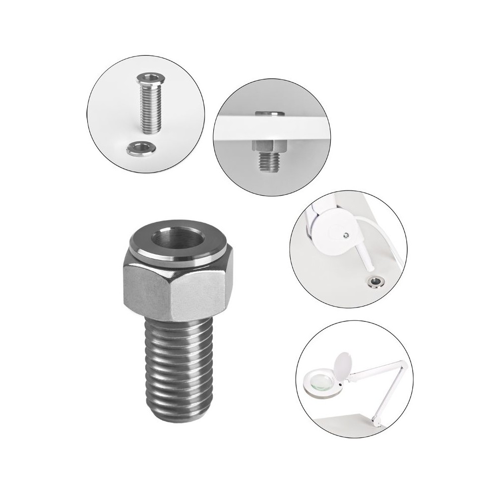 Soporte de lámpara lupa de tubo inoxidable — detalle de la etiqueta