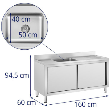 Piscina de catering de câmara única de solda com um armário com portas de correr 160 x 60 x 94,5 cm