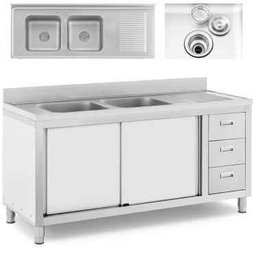 Bottom-chamber catering sink with cabinet with sliding doors steel drawers 160 x 60 x 95 cm