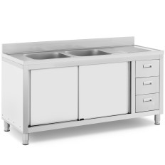 Évier de cuisine à double bac avec armoire à portes coulissantes et tiroirs en acier 160 x 60 x 95 cm
