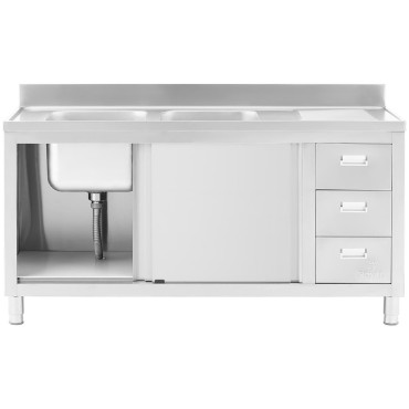 Bottom-chamber catering sink with cabinet with sliding doors steel drawers 160 x 60 x 95 cm
