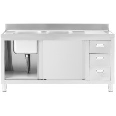 Bottom-chamber catering sink with cabinet with sliding doors steel drawers 160 x 60 x 95 cm