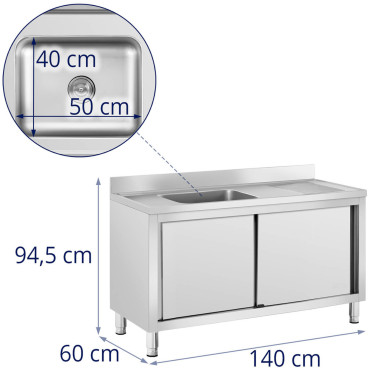 Pia piscina de catering de câmara única com armário com portas deslizantes esquerda 140 x 60 x 94,5 cm