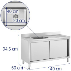 Sink single-chamber catering pool with cabinet with sliding doors left 140 x 60 x 94.5 cm