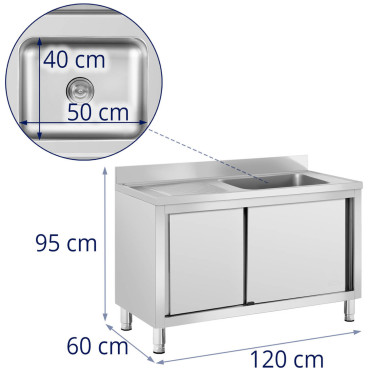 Sink Single Chamber Catering Pool, jossa kaapissa liukuovet oikein 120 x 60 x 95 cm