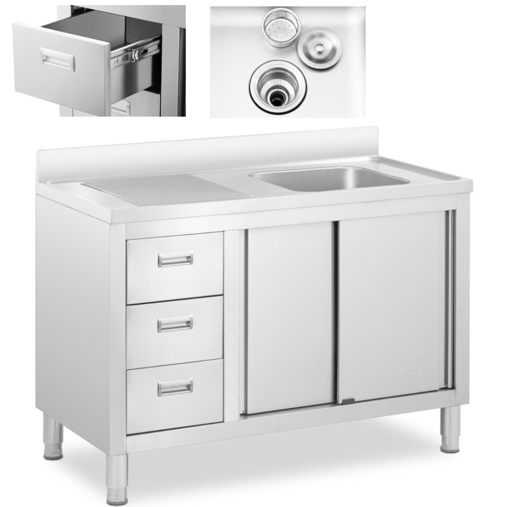 Lavandino Piscina per catering a camera singola con armadietto con ante scorrevoli Cassetti in acciaio 120 x 60 x 94 cm