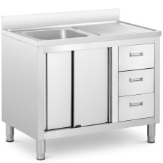 Évier de cuisine à bassin simple avec armoire à portes coulissantes et tiroirs en acier 100 x 60 x 94,5 cm.