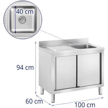 Pia de catering de câmara única com armário com portas deslizantes direita 100 x 60 x 94 cm