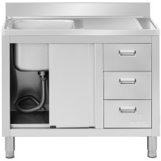 Évier de cuisine à bassin simple avec armoire à portes coulissantes et tiroirs en acier 100 x 60 x 94,5 cm.