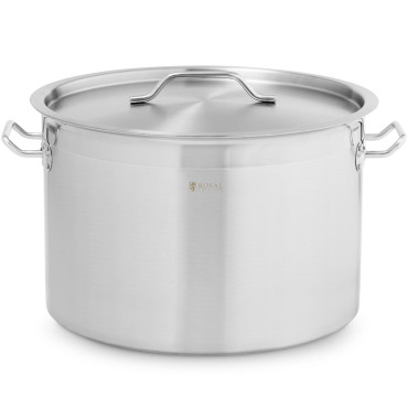 Ένα μεγάλο χαλύβδινο δοχείο με παχιά κάτω σε μια κουζίνα επαγωγής αλογόνου αλογόνου 23 l