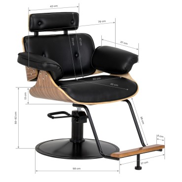 Fauteuil de coiffure Gabbiano Florencja noir et noyer avec base noire — vue latérale