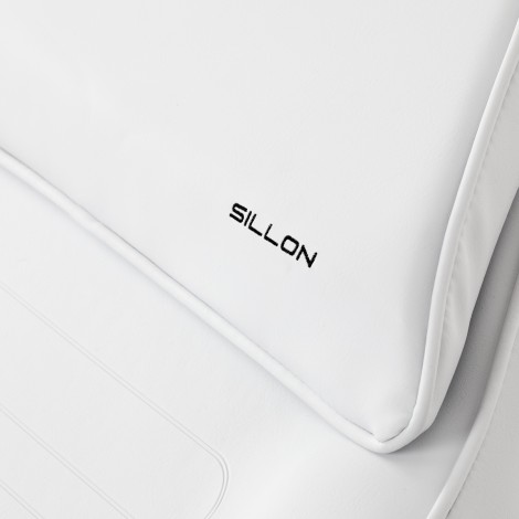 Hydraulic pedicure beauty chair Sillon 210 with rocking function and split footrest white — close-up of the label