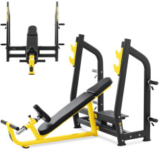 Banc d'entraînement incliné pour haltères, tête en haut, noir et jaune.