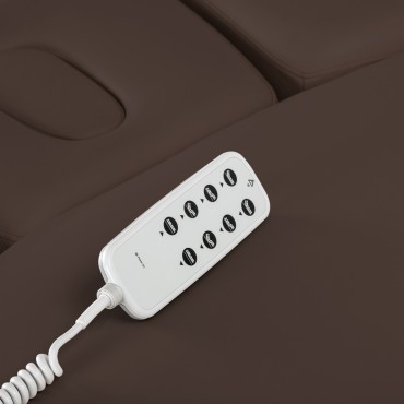 Fauteuil SPA Sillon Relax marron foncé avec base bois clair — gros plan commandes