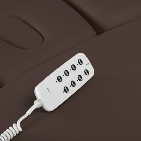 SPA-lounger Sillon Relax donkerbruin met lichtbruine basis — detail bedieningselementen