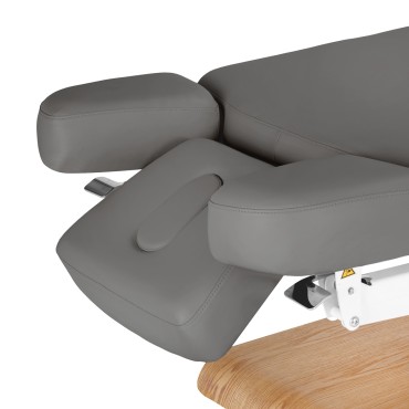 SPA-lepotuoli Sillon Relax harmaa, vaaleanruskea jalusta — lähikuva käsinojasta