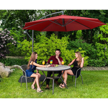 Parasol de jardin à mât incliné rond de 300 cm de diamètre bordeaux.