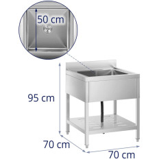 Pia piscina de catering único com uma prateleira e uma referência 70 x 70 x 95 cm