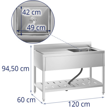 Sink vieno kameros maitinimo baseinas su lenktynių lentyna ir stovo 120 x 60 x 94,5 cm