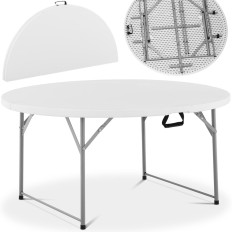 Mesa de catering redonda doblada del jardín, aislada en blanco. 150 x 74 cm