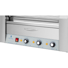 A roller grill heater for hot-dogs with drawer and shield - 7 rolls