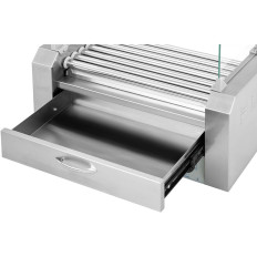A roller grill heater for hot-dogs with drawer and shield - 7 rolls