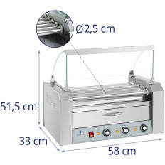A roller grill heater for hot-dogs with drawer and shield - 7 rolls