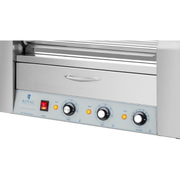 Ein Walzengrill-Heizgerät für Hot-Hunde mit Schublade und Schild - 5 Rollen