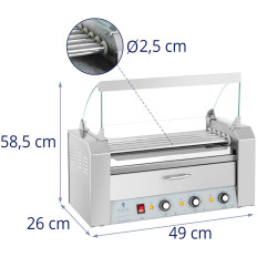 A roller grill heater for hot-dogs with drawer and shield - 5 rolls
