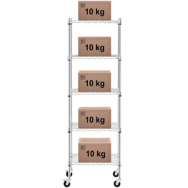 Shelving de fio de armazém em rodas 5 prateleiras até 50 kg 60x45x186 cm