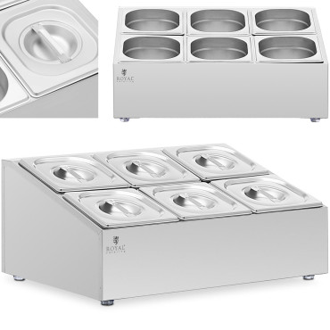 Matsalbutiker visar 6 x GN 1/6 + behållare med lock