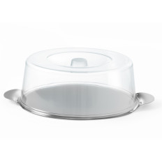 A stainless steel tray with a transparent circular cover. 300mm - Hendi 980101
