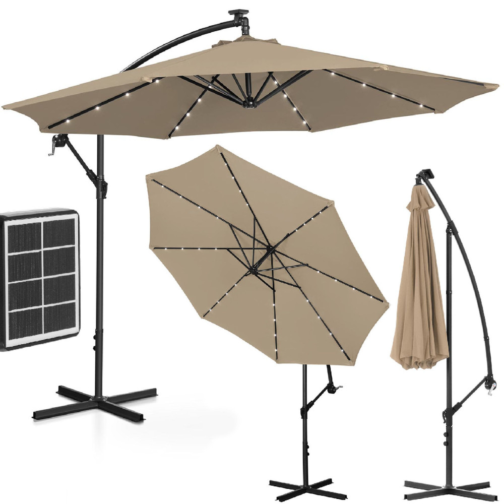 Garden umbrella on a boom round tilting with LED lighting. 300 cm gray-brown