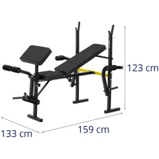 Een bankje van een trainingsbank onder een barbell met een gebed instelbaar tot 100 kg