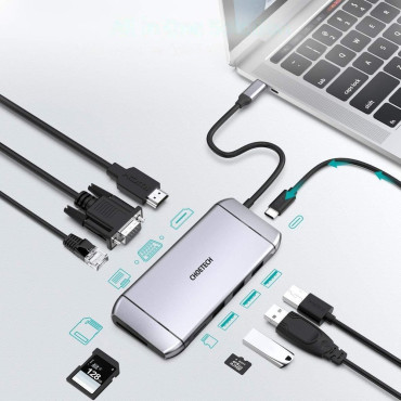 Daugiafunkcinis USB stebulė SD kortelių skaitytuvas ir TF HDMI 4K VGA Full HD RJ45 9W1 Gray