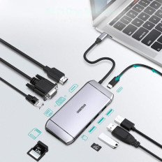 Multifunkčný USB HUB SD karta čítačka a TF HDMI 4K VGA Full HD RJ45 9W1 Gray