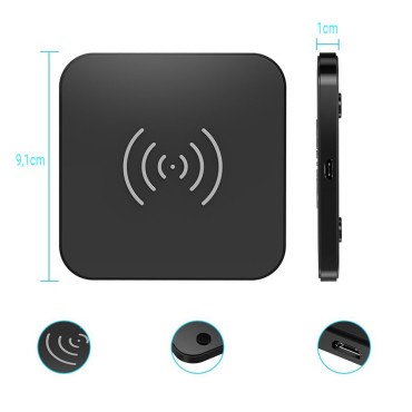 Carregador sem fio Qi 10W para telefone preto e fones de ouvido