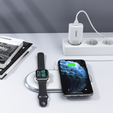 Brezžični polnilnik Qi 2in1 za pametni telefon Apple Pazi z USB tip C tip C White