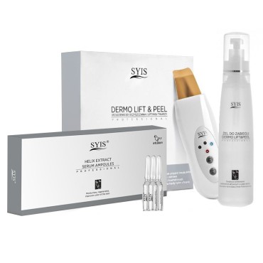 Appareil Syis Dermo Lift & Peel avec spatule dorée + cosmétiques Syis — ensemble présenté