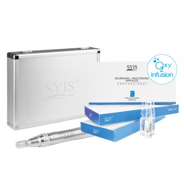 SYIS Microneedle Pen 05 Silber mit 10 x 3 ml feuchtigkeitsspendenden Ampullen — zusammen gezeigt
