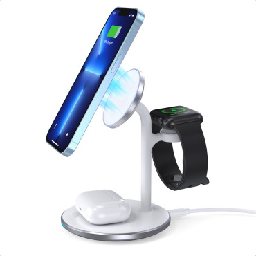 Trådlös induktionslastare med ett iPhone-stativ Apple Titta på airpods vita