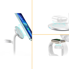 Trådlös induktionslastare med ett iPhone-stativ Apple Titta på airpods vita