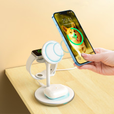 Trådlös induktionslastare med ett iPhone-stativ Apple Titta på airpods vita