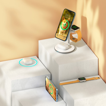 Trådlös induktionslastare med ett iPhone-stativ Apple Titta på airpods vita